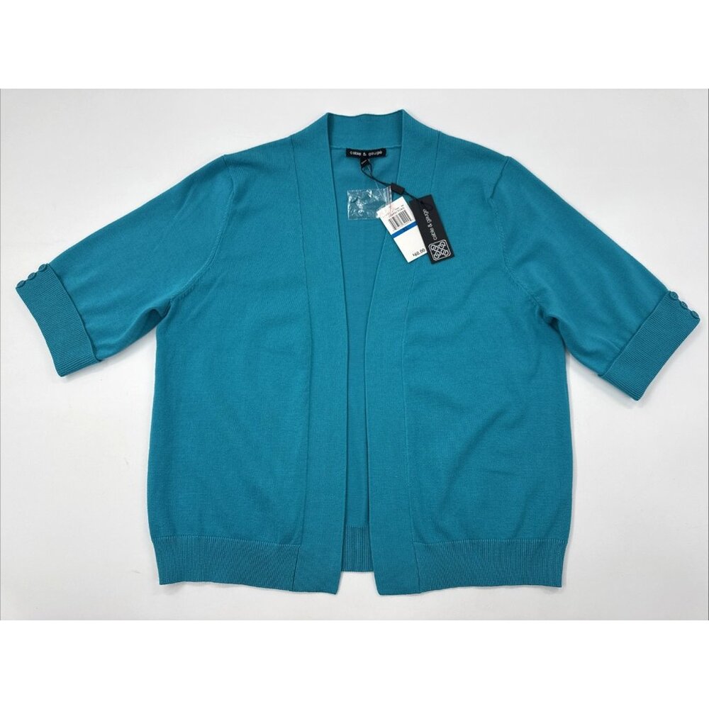 Cable Gauge Sweater Cardigan Womens XL Teal Open Front 3/4 Sleeve Church NEW